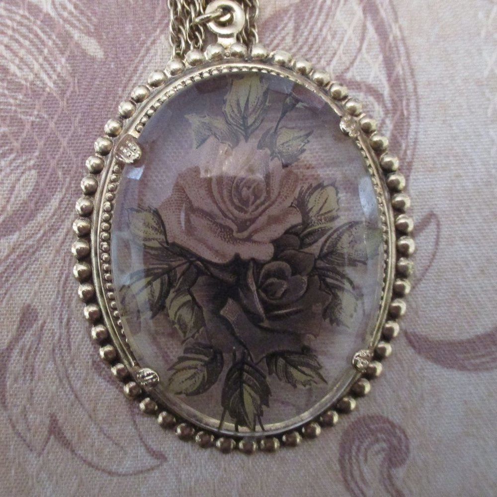 Vintage 1928 Gold Tone Red Rose Cameo Acrylic Necklace